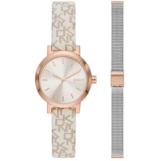 DKNY Damenuhren Soho, Dreizeigeruhrwerk, 28mm Rose Gold Edelstahlgehäuse mit Edelstahlarmband, NY6605SET