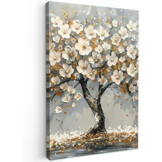 MuchoWow Leinwandbild Baum - Blumen - Weiß - Natur - Kunst Wanddeko Schlafzimmer 60x90 cm , Textil , Kiefer , Abstrakt , Rechteckig , 60x90 cm , FSC 100% , gerahmt , Bilder & Rahmen, Bilder, Leinwandbilder