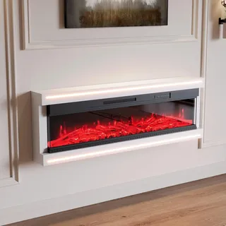 Fortuna Lai Elektrokamin 750W/1500W schwebender Wandkamin mit Heizung, LED, Fernbedienung, 12 Flammenfarben, Fernbedienung, 127 x 51.3 x 17 cm, Weiß - Weiß