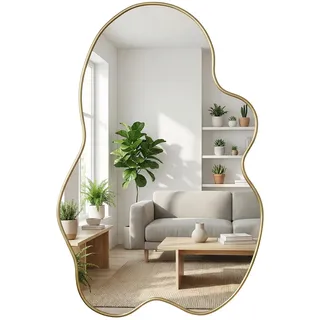Yvsevnr Wandspiegel Asymmetrischer Spiegel Groß Gold Dekorativer Moderne organische Form Spiegel Badezimmerspiegel für Wand Wohnzimmer Schlafzimmer Bad Flur Eingang 60 x 90 cm