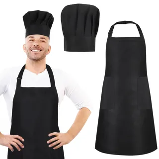 Livdouyu Kochmütze und Schürze-Set, verstellbare hohe Kochschürze, wasserdichte Küchen-Backschürze mit Zwei Taschen und elastischer Kochmütze für Männer und Frauen für die Heimküche(Schwarz)