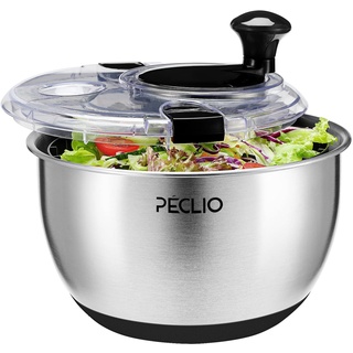 Peclio Groß 4,5L Salatschleuder Edelstahl 18/10 Hochwertige mit Transparentem Deckel, Rutschfestem Boden - Salad Spinner mit Kurbelantrieb - BPA-frei & Spülmaschinengeeignet, Schwarz