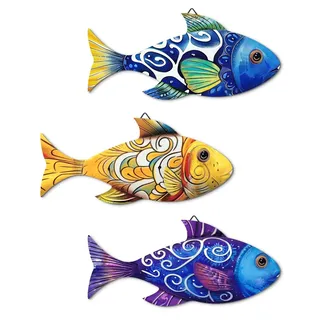 Putuo Decor 3er Set Wanddeko Fische aus MDF bunt, maritime Deko im Küstenstil für Bad Küche Wohnzimmer Flur, farbenfrohe Wandfigur Meer Motiv