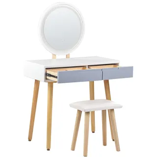 Beliani Schminktisch Set Weiß, Holzplatte Holzbeine rund LED Spiegel 2 Schubladen, - Weiß, Grau, Braun