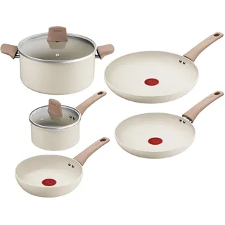 Tefal Stone White On 7-teiliges Kochgeschirr-Set, Mineralia+ Antihaftbeschichtung, Thermo-Signal, Thermo-Fusion-Boden, kompatibel mit allen Herdarten, Glasdeckel mit Dampföffnung, Weiß, G199S544