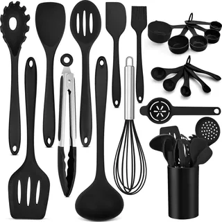 HaWare Küchenhelfer, 21 Stück Silikon Küchenutensilien Kochbesteck Set, Hitzebeständig Kochutensilien Kochgeschirr mit Utensilienhalter, Antihaft Küchenset für Kochen Backen, Spülmashinenfest, Schwarz