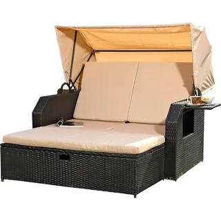 Mucola Strandkorb Rattan Sonnenbett mit verstellbarem Dach Polyrattan Sonnenliege Liegebett Relaxliege Gartenliege Gartenmöbel - Schwarz - Schwarz