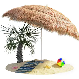 KINGSLEEVE® Sonnenschirm Hawaii Ø160cm Neigbar Höhenverstellbar UV Schutz 30+ Groß Rund Balkon Strand Strohschirm Strandschirm Bast Hawaiischirm Braun - Weiß