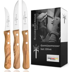 Schwertkrone Solingen 3er-Set Premium Obst- und Gemüsemesser, Olivenholzgriff, Rostfreier Edelstahl, Schälmesser Made in Germany