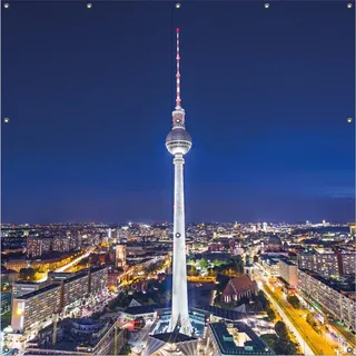 Wallario Outdoor-Poster für Garten oder Balkon, Motiv Fernsehturm Berlin bei Nacht, in ca. 180 x 180 cm - Blau