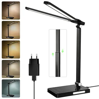 Bazcuka 56cm Doppelkopf Schreibtischlampe LED Dimmbar, Höhenverstellbar Schreibtischlicht mit Auto-Off Timer, Augenschutz Tischlampe mit USB Ladefunktion 5 Farbmodi für Homeoffice (Schwarz)