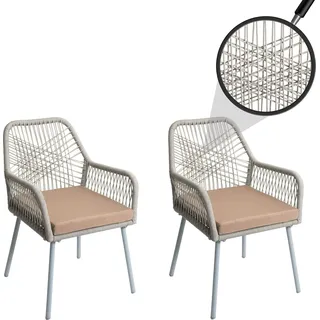 2er-Set Gartenstuhl HWC-O12, Outdoor Sitzpolster Aluminium Seilgeflecht Rope grau, Bezug taupe - Beige