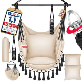 KESSER® Hängesessel mit 2 Kissen Getränkehalter & Bücherfach - Safari XXL Hängestuhl für Erwachsene & Kinder Hängematte bis 150 kg Hängesitz Aufhängung Indoor & Outdoor Wohn & Garten Terrasse - Beige
