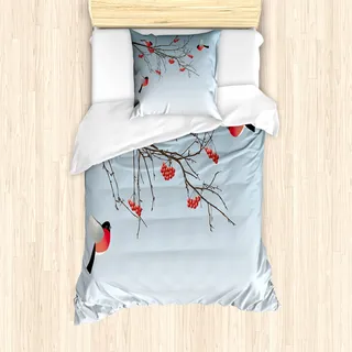 ABAKUHAUS Eberesche Mantele, Dompfaff Vögel Zweige, Milbensicher Allergiker geeignet mit Kissenbezügen, 135 cm x 200 cm - 80 x 80 cm, Dunkelbraun Hellblau