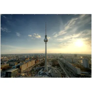Wallario XXL Outdoor-Poster für Garten oder Balkon, Motiv Fernsehturm Berlin mit Panoramablick über die Stadt, in ca. 400 x 280 cm - Blau