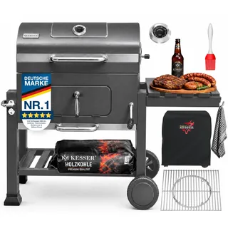 KESSER® Holzkohlegrill XL Grillwagen Set mit Deckel & Thermometer – BBQ Kohlegrill Wagen, Smoker Grill, Standgrill mit Grillrost, Rädern, Warmhalterost & Ablage inkl. Haube, Bürste & Pinsel