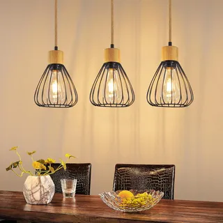 ZMH Hängelampe Vintage Pendelleuchte Esszimmer - Esszimmerlampe Retro Industria Hanfseil Esstisch Esstischlampe Schwarz 3 Flammig E27 Hängeleuchte für Wohnzimmer Schlafzimmer