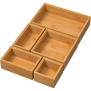 Exabang Bambus Schubladen Organizer Set - 5-teilig - Stapelbar - Make up, Küche, Badezimmer, Büro - Braun