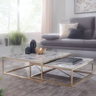 FineBuy Design Couchtisch 2er Set Marmor Optik Weiß Eckig Couchtische 2-teilig Tischgestell Metall Edle Wohnzimmertische Moderne Satztische - Weiß