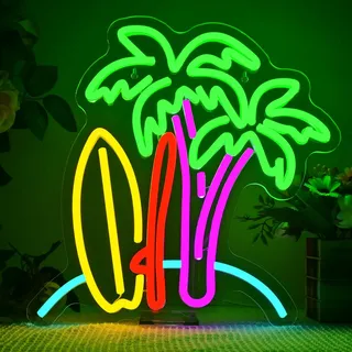 LUCUNSTAR Strand Surfen Palmen Neon schild,Beach Surfing Palm Led Schild für Bar Restaurant Balkon Wanddeko,Leuchtreklame Party Room Decor,Neon Sign für Schlafzimmer,Geschenk für Mädchen und Jungen