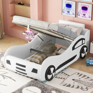 Merax Autobett Kinderbett 90x200cm mit Rausfallschutz und Lattenrost, Hydraulisches Bodenbett mit Stauraum, Spielbett Einzelbett Kunstleder, Weiß - Grau