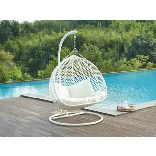Hängesessel 2-Sitzer - Polyrattan - Weiß mit beigefarbenen Kissen - VAHINA von MYLIA