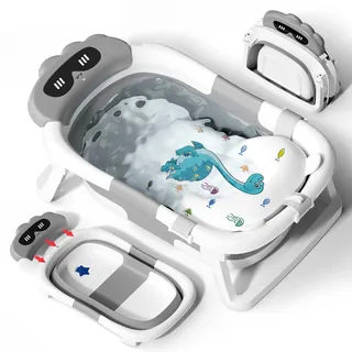COOSEYA Baby Badewanne für 0-18 Monate, Faltbare Babywanne mit Babybadewanne Stützkissen, Portable Baby Bathtub als Wesentliche Artikel für Neugeborene und Kleinkind, Dinosaurier - Design (Grau)