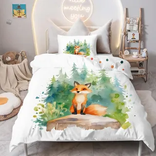 PNHCL Süßer Fuchs Kinderbettwäsche Set 3-teilig - Bettbezug 135x200 cm + 2X Kissenbezug 80x80 cm, Wald - Weich Atmungsaktiv - Süße Raumdekoration für Jungen Mädchen LO532