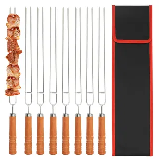 BIGP Grillspieße 8 Stück mit Nylontasche, 41.8 cm Flacher Edelstahl-Grillspieß Vermeiden Sie Rostbildung, Holzgriff Doppelspieße, Grill Kabob Spieße, für Lagerfeuer Oder Grillschale