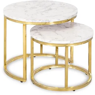 "Mano V" Set aus 2 runden Tischen, in Marmoroptik mit goldenen Beinen, 43 cm / 53 cm - Weiß, Gold