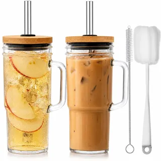 ALINK Glasbecher mit Henkel 2er Set, 24 oz / 710 ml Trinkgläser mit Bambusdeckel, 12 mm Edelstahl Strohhalm & Bürste, für Eiskaffee, Bubble Tea, Apfelschorle