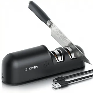 Arendo - Messerschärfer elektrisch mit Griff – zweistufig schärfbar - Grobschliff und Feinschliff – 2 Geschwindigkeitsstufen – 1200 mAh Akkubetrieb – Profi Edelkorund Schleifsteine