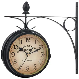 Swsdee Doppelseitige Uhr Garten Zug Bahnhof Wanduhr mit Halterung Doppelseitige Bahnhofsuhr im Retro-Design,Doppelseitige Uhr, Bahnhofsuhr Vintage, Wanduhr beidseitigem