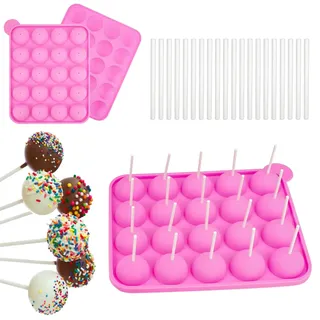 Rairsky Cake Pops Form 20 Runde Cake Pop Silikonform Cake Pop Form mit 20 Stück Lollipop Sticks Cakepopsform Cake Pop Formen für Cakes, Süßigkeiten, Gelee und Schokolade, Antihaftbeschichtet (Rosa)