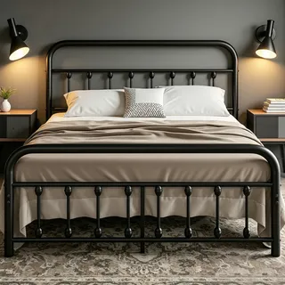 VECELO Metallbett 140x200 cm Doppelbett, Stabiles Bettgestell mit Lattenrost, Geschwungenem Kopfteil, 32 cm Bodenfreiheit, Geräuscharm, Einfache Montage, Gästebett Jugendbett, Schwarz
