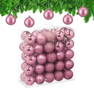 Relaxdays Weihnachtskugeln im 50er Set, Kunststoff, D: 6 cm, runde Weihnachtsbaumdeko, Baumschmuck bruchsicher, rosa