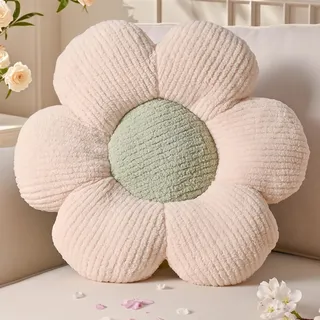 Yhoelata Valentinstag Blumenkissen, Creme Grün Blumengestalt Zierkissen, Plüsch Bodenkissen für Sofa & Bett Kinderzimmer, Mädchen Dekoratives Gänseblümchen Design Wohnkissen 50cm