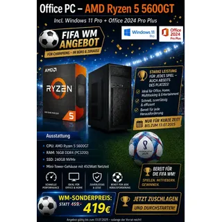 Office PC | AMD Ryzen 5 5600GT 6 x 3,6GHz | 16GB DDR4 | Radeon Grafik | 240GB SS...
