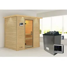 Bild von Sauna Sonja mit Klarglastür und Kranz Ofen 9 kW Saunaofen 9kW extern Klargla - beige