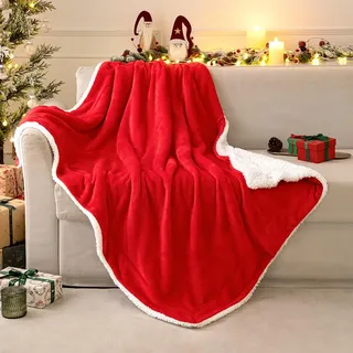 MIULEE Weihnachten Kuscheldecke Flauschig Decke Fleecedecke Wohndecken warm Sherpa Sofaüberwurf Decke Flauschig Überwurf Mikrofaser Tagesdecke Für Bett Sofa Schlafzimmer Büro 150x200 cm Rot