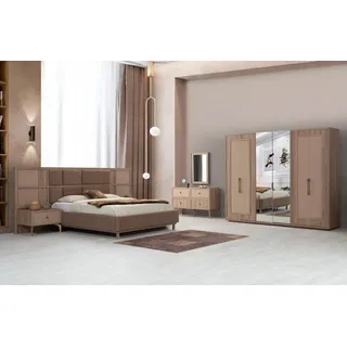 Beiges Schlafzimmer Set Polsterbett 2x Nachttische Schminktisch Schrank