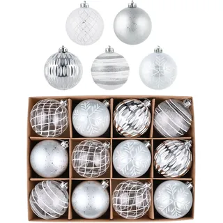 Victor's Workshop Weihnachtskugeln,12 stück 8cm Christbaumkugeln Weihnachtskugel Transparent, Weihnachtsbaumschmuck Christbaumschmuck mit Aufhänger,deko Weihnachten,Thema Silber Weiß(L)