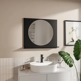 Runder Badspiegel mit Ablage 70x60 cm 55 cm Schwarz – Badezimmerspiegel Wandspiegel - Schwarz
