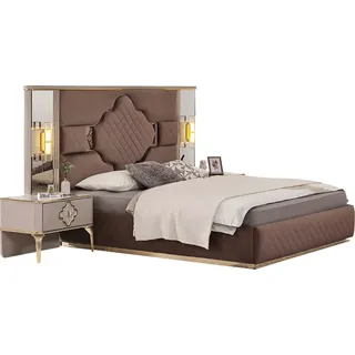 Braun-Beige Exklusive Schlafzimmer Garnitur Doppelbett 2x Nachttische - Braun