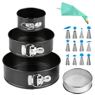 SpringformKuchenformen Set mit 3 Stückmit 1 Mehlsieb,1 Dekorationswerkzeug,Karbonstahl Backform Profi-Kuchenform rund Backutensilien, abnehmbarer Boden, antihaftbeschichtet, leakfest(Ø13cm/18cm/23cm)