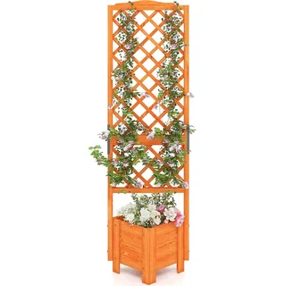 Pflanzkasten mit Rankgitter, Blumenkasten mit Spalier, Gartenspalier für Kletterpflanzen, Rankkasten aus Holz, Blumenbeet für Garten Balkon Terrasse, 54,5 x 52 x 180 cm - Orange