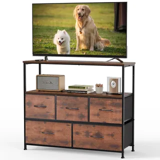 Sweetcrispy Kommode,TV Schrank Stand für Schlafzimmer mit 5 Stoffschubladen,Sideboard Wohnzimmer für 115cm TV,Einstellbare Füße Schubladenschrank, Braun
