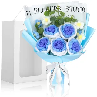 Foyucool Gehäkelter Blumenstrauß, Handarbeit Blau & Weiß | Mit Geschenktüte, handgefertigt. Wunderschönes Präsent für Weihnachten, Muttertag und Valentinstag.