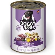 DOGGY Dog Paté Kalb & Ente, 6 x 800 g, Nassfutter für Hunde, getreidefreies Hundefutter mit Lachsöl und Grünlippmuschel, Alleinfuttermittel mit Kartoffeln und Pastinake, Made in Germany