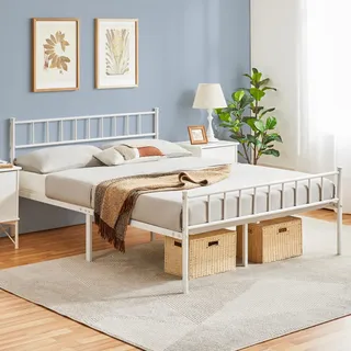 Yaheetech Metallbett 140 x 200 cm Bettrahmen mit Kopfteil Bettgestell aus Metall Gästebett mit Lattenrost für Schlafzimmer Gästezimmer Weiß